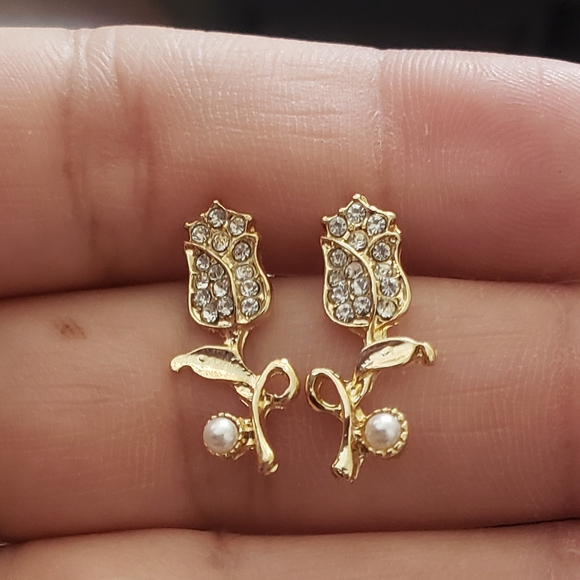 Gold Rhinestone Rose Earrings - Picture 1 of 6